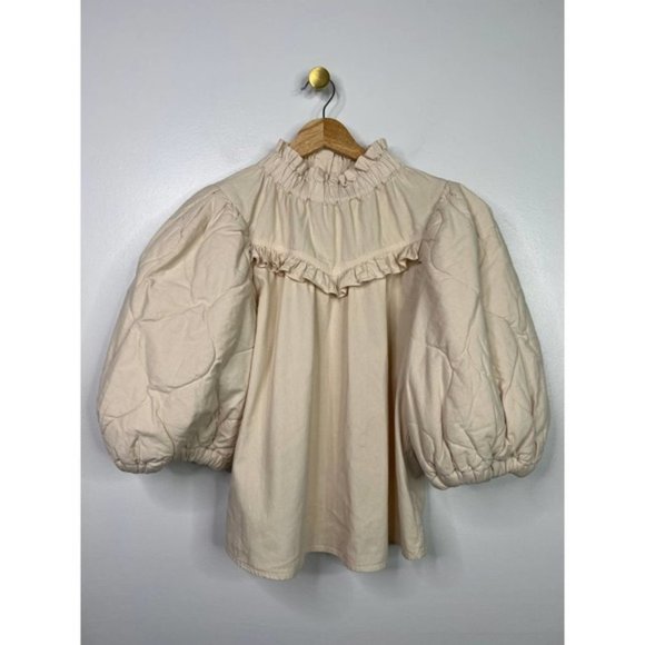 Sea NY Layla Quilted Puff Sleeve Cotton Ruffle Top Women's Tan Size: XXS NWOT - Picture 2 of 9